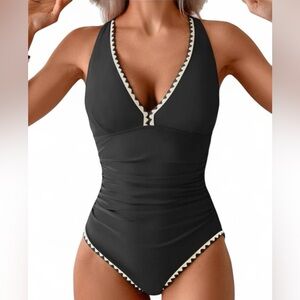 B2Prity OnePiece Swimsuit Sz 2XL Black V-Neck Tie Back Zigzag Trim Slimming